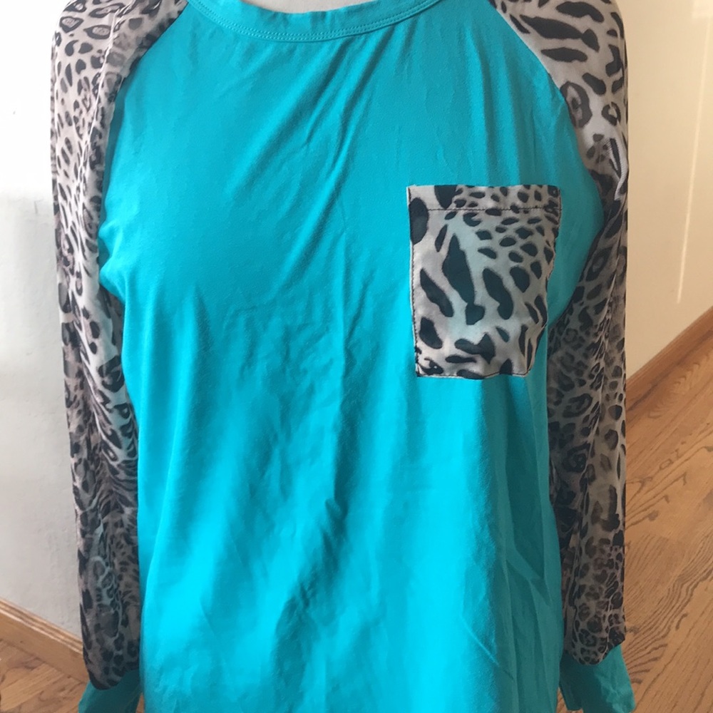 NWT OMSJ Leopard Animal Print Patchwork Plus LS Shirt Top Blouse Women’s Size L - Picture 3 of 13